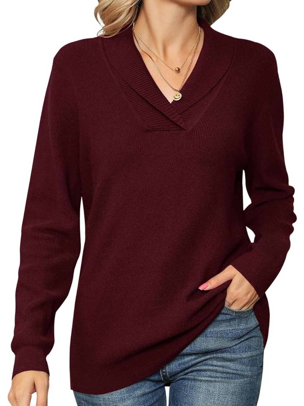 Classic V-Neck Long Sleeve Sweater - Wine Red